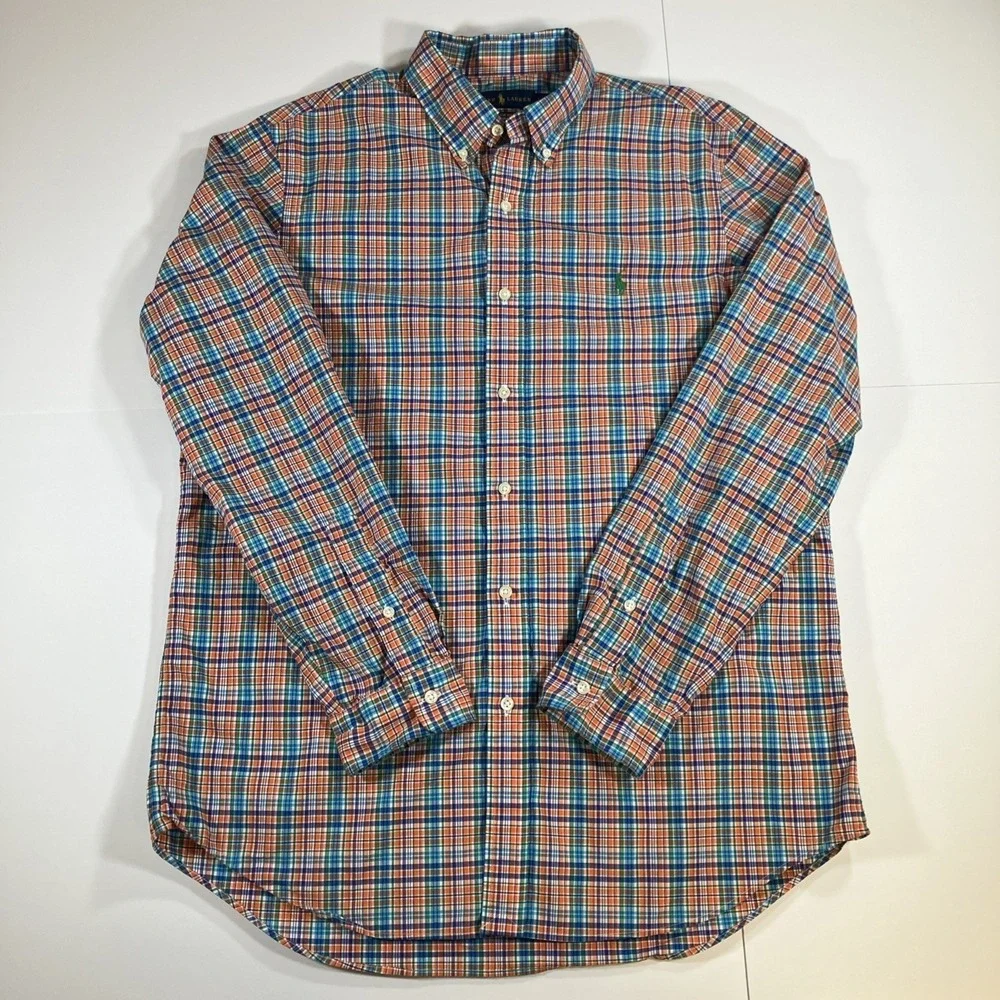 Polo Ralph Lauren Shirt Mens L Orange Blue Plaid Button Down Cotton Stretch Pony